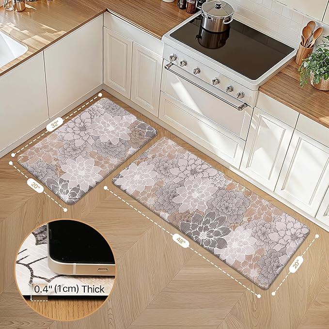 GENIMO Kitchen Mats for Floor, Kitchen Rugs Non Slip Washable Sets of 2, Waterproof Cushioned Anti Fatigue Mat, Floral Runner Rug for Laundry, Sink, Office, Home, 20"x32"+20"x48", Taupe Grey