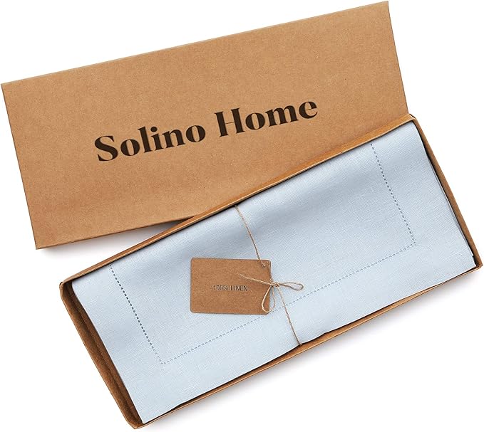 Solino Home Linen Light Blue Table Runner 36 Inches - Classic Hemstitch, 100% Pure Linen Coffee Table Runner 14 x 36 Inch Ideal for Dresser Tables, Christmas, New Year