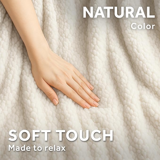 Sunbeam Royal Sherpa Foot Pocket Heated Throw Electric Blanket, 50" x 60", 4 Heat Settings, 4-Hour Auto Shut-Off, Warming Throw for Couch or Bed, Fast Heating, Machine Washable, Natural