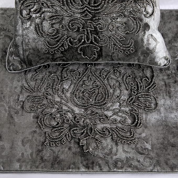 The HomeCentric Decorative Designer Handmade Bed Runner With 2 Throw Pillow Covers - 90 x 18 Inch Damask King Size Scarf in Foil Velvet and Embroidery Linen - Foil Damask