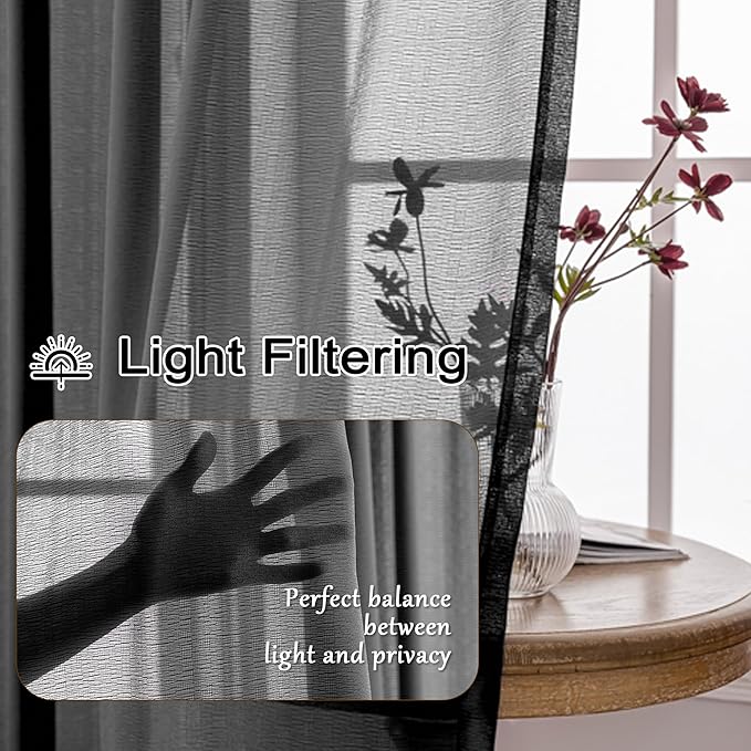 MAIHER 108 Inches Long Sheer Pleated Drapes 9FT Curtain Panels Voile Soft Touch Light Filtering Pinch Pleat Curtains with Ajustable Hooks for Bedroom Living Room, Black, 42" W x 108" L, 2 Panels