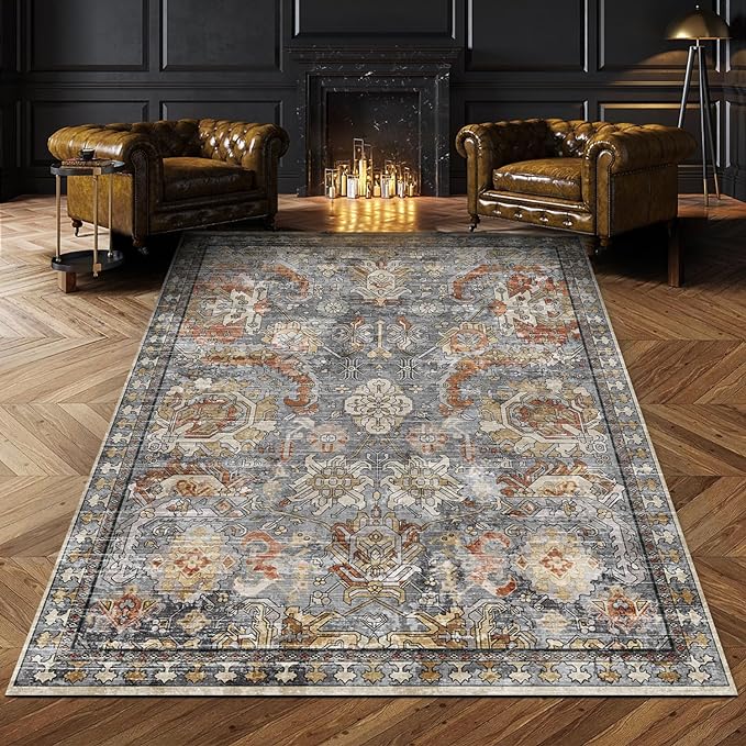 RUGSURE Washable Area Rugs - Perfect for Living Room, Bedroom, Kids Room, Nursery - Stain & Water Resistant Non-Slip, Pet & Child Friendly, Vintage Tribal Area Rugs (Turmeric and Grey, 6' x 9')