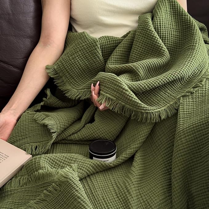 MorroMorn 100% Cotton Muslin Throw Blanket with Fringes 50"x60", 4-Layer Cotton Gauze Blankets for Adults, Boho Bedding Breathable Lightweight Ultra-Soft for Couch Bed Sofa All Seasons, Olive Green
