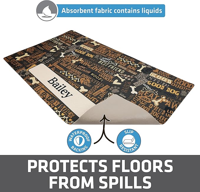Drymate Personalized Pet Bowl Placemat, Custom Dog & Cat Food Feeding Mat - Absorbent Fabric, Waterproof Backing - Machine Washable/Durable (USA Made) (16" x 28") (Best Friend Brown)