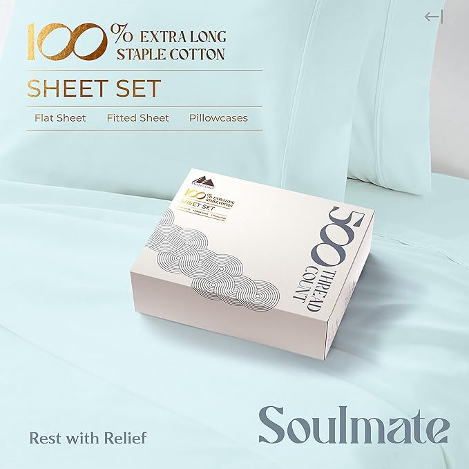 Mayfair Linen 500 Thread Count Full Cotton Sheets - 4 PC Full Size Bed Sheet Set Cotton (Sea Foam), Soft, Cooling, Sateen Hotel-Quality 16" Deep Pocket Bedsheet for Hot Sleepers (Fits 18" Mattress)