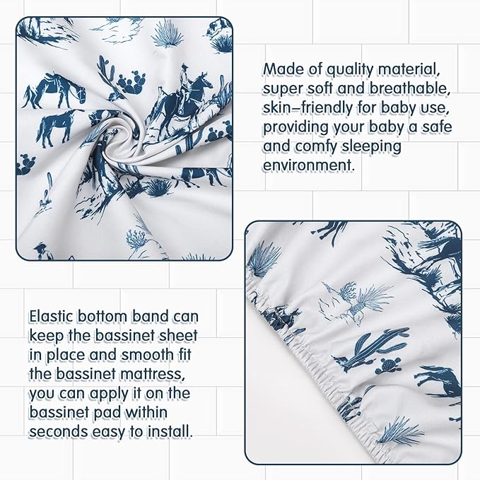 VitalCozy 4 Pcs Vintage Western Cowboy Bassinet Sheets Set 32 x 16 x 3 Inches Sheets for Standard Bed Toddler Mattresses Soft Breathable Cute Print Newborn Bedding for Girl Boys