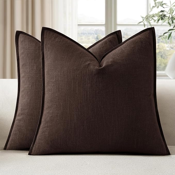 EMEMA Throw Pillow Covers Decorative Linen Pillow Covers 20x20 Inch Dark Brown Boho Farmhouse Neutral Couch Throw Pillows for Bed Pack of 2 Accent Pillowcase Modern Sofa Cushion Livingroom Home