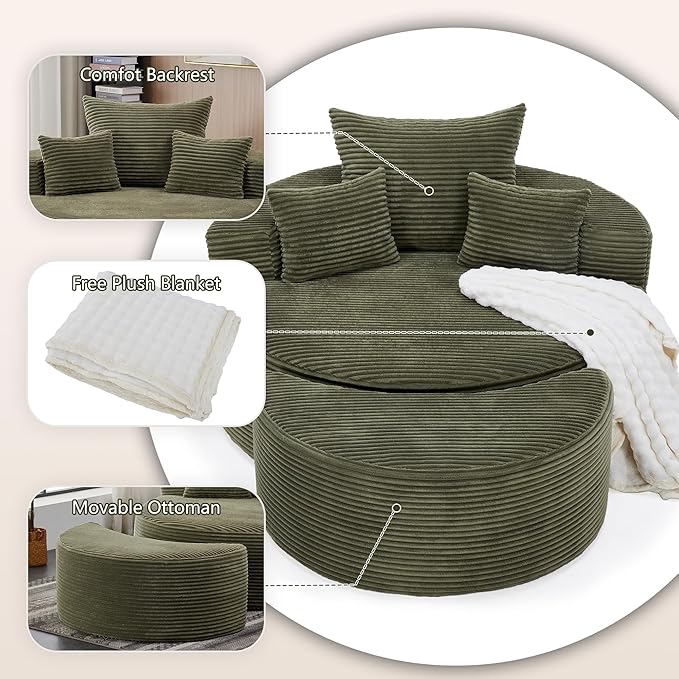 55.11" W Oversized Round Chaise Lounge Chair, Deep Seat Corduroy Cloud with Pillows, Moveable Ottoman and Blanket– Comfy Circle Loveseat Sofa Chair for Living Room or Bedroom (Green)