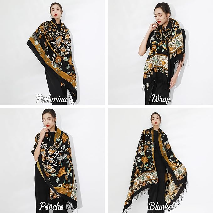 DANA XU 100% Merino Wool Extra Large Pashmina Blanket Travel Scarf Cashmere Wrap for Women Fall Winter Oversize Shawl Floral