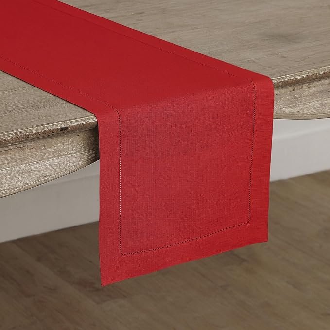 Solino Home Linen Red Table Runner 132 Inches Long - 100% Pure Linen Extra Long Table Runner 14 x 132 Inch for Christmas, Holiday, Winter, New Year - Classic Hemstitch