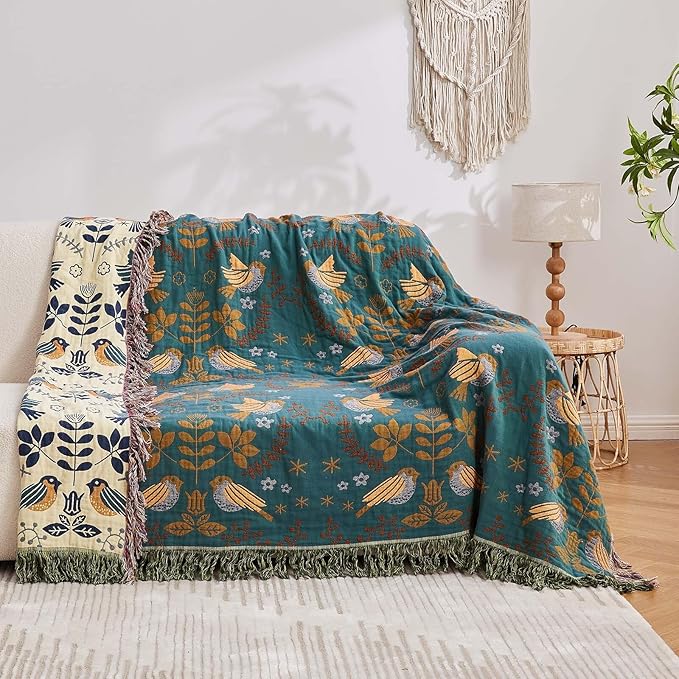 Yellow Boho Throw Blanket, 100% Cotton Blankets for Couch Bed, 90"x98"Cotton Quilt Travel Muslin Blankets Farmhouse Home Decor Soft Lightweight Picnic Blanket for Summer