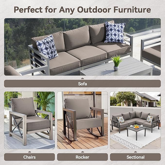 Luxury 6" Outdoor Cushions for Patio Furniture, 24x24x6" Thick Seat Cushion Set of 9, Fade Resistant Couch Chair Replacement Cushions High Density Deep Wicker Chair Cushion w/ Removable Cover Gray