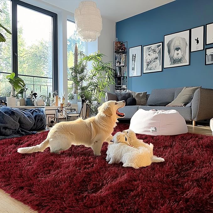 Burgundy Plush Rug for Living Room Fuzzy Carpet for Bedroom Dorm, Non-Slip High Pile Rug, Shag Rug for Playroom Nursery Home Office Decor 6X9 Ft