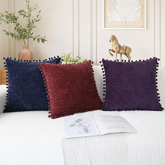 CaliTime Throw Pillow Covers Decorative 22 X 22 Inches Pack of 2 Cozy Solid Dyed Soft Chenille Cushion Cases with Pom Poms for Couch Sofa Bed Living Room Home Navy Blue