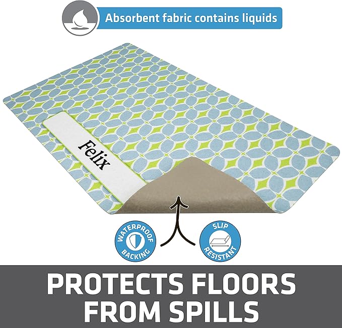 Drymate Personalized Pet Bowl Placemat, Custom Dog & Cat Food Feeding Mat - Absorbent Fabric, Waterproof Backing - Machine Washable/Durable (USA Made) (12" x 20") (Structure Blue & Green)