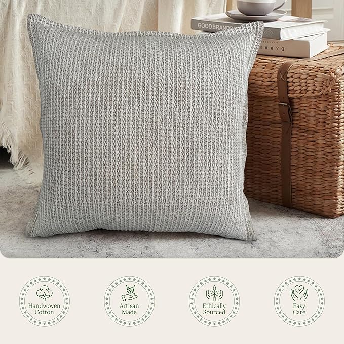 SanVia Oat Haven Premium Cotton Throw Pillow Covers, 20 x 20 Inches, Luxurious Handwoven Reversible Couch Pillow Covers with Hidden Zipper, Elegant Home Décor, Insert Not Included