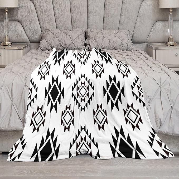 Boho Throw Blanket, Black and White Native Blankets, Vintage Tribal Aztec Printed Flannel Blanket for Chair Bed Sofa Couch 50"x60"