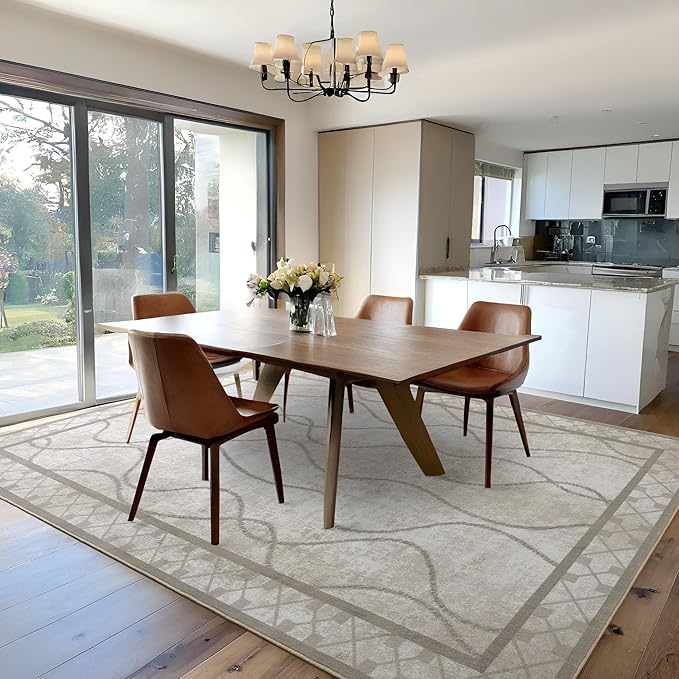 4x6 Area Rugs for Bedroom Living Room, Machine Washable Low Pile Rugs, Non Slip Modern Bordered Print Indoor Carpet for Entryway Office Dining Room Dorm Home Decor, Beige