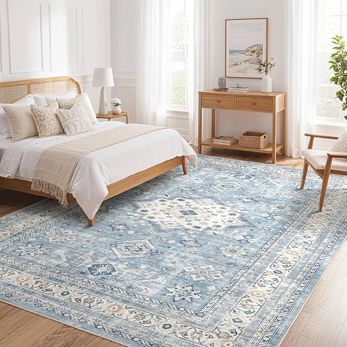 Vintage Living Room Area Rug 8x10 - Large Soft Washable Oriental Traditional Distressed Farmhouse Rugs for Bedroom - Indoor Floor Accent Carpet for Home Office House Decor - Blue