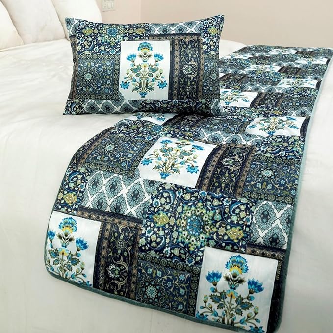 The HomeCentric King/Queen/Twin Blue Designer King 90"x18" Bed Runner with Pillow Cover, Perrsian Pattern & Quilted Bed Scarf on Satin Fabric - Bahar