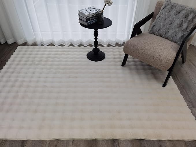 GLORY RUGS Area Rugs Bubble Soft Faux Rabbit Fur Rug 5x7 Polar Beige Plush Carpet Shag Cozy Fluffy Rug Non Slip Rugs, Machine Washable Shaggy Area Rug Bedroom Living Room and Dining Room.