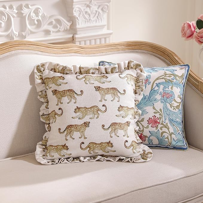 patdrea Designer Throw Pillow Covers for Couch 18"x18",Vintage Linen Pillows Cover with Cheetah Pattern and Luxury Ruffle,Farmhouse Decorative Pillowcases for Bed Living Room Outdoor Set of 1