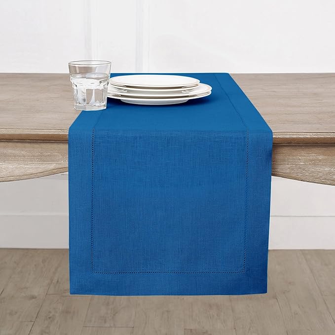 Solino Home Linen Indigo Blue Table Runner 144 Inches Long - 100% Pure Linen Extra Long Table Runner 14 x 144 Inch - Classic Hemstitch
