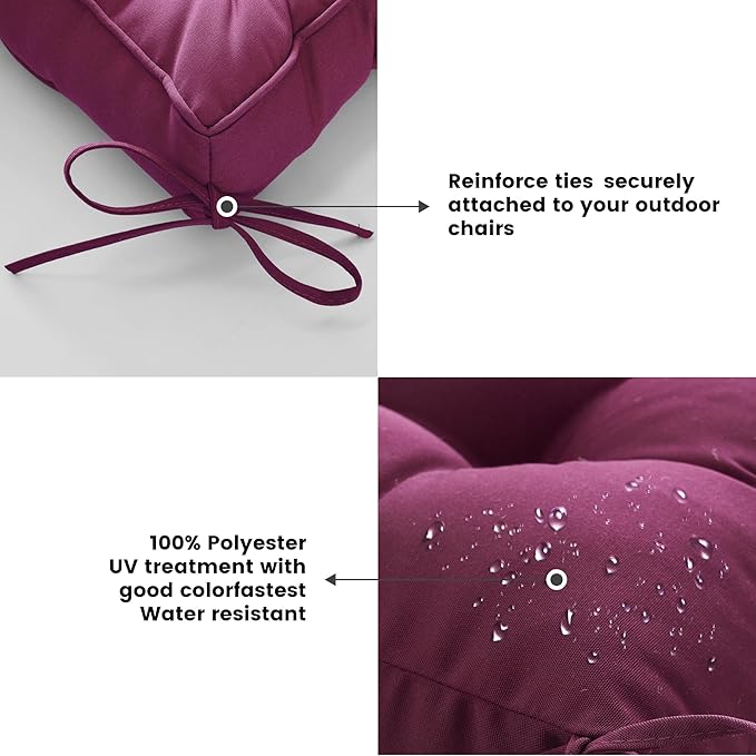 ARTPLAN Outdoor Seat Cushion,Square Thick Tufted Pure Chair Cushion for Patio Wicker Chair with Tie,Set of 2,19"x19"x5"，Plum