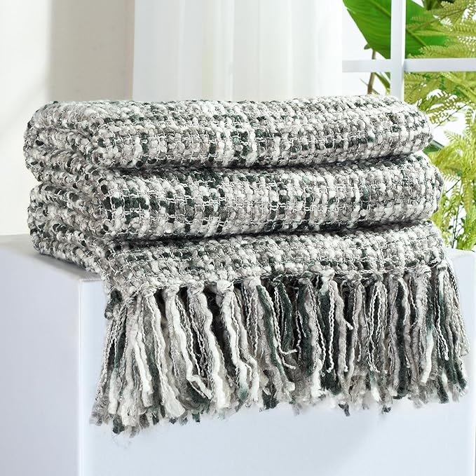 Multi-Color Grey Cable Knitted Throw Blanket for Couch,60"X80" Boho Style Textured Blankets for Home Decor,Super Soft Warm Cozy Chunky Knit Blanket with Decorative Tassels for Bed and Sofa
