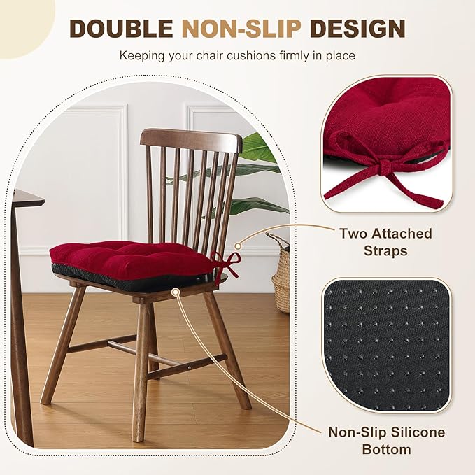 downluxe Indoor Chair Cushions for Dining Chairs, Tufted Overstuffed Textured Kitchen Chair Pads with Ties and Non-Slip Backing, 15.5" x 15.5" x 4", Red, 4 Pack