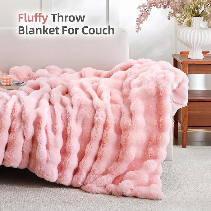 Smoofy Faux Fur Throw Blanket for Couch – Blush Pink Fluffy Cozy Rabbit Fleece, Plush Soft Bubble Blanket for Sofa & Bed, for Mom, Warm Fuzzy Home Room Decor Throw 50" x 60"