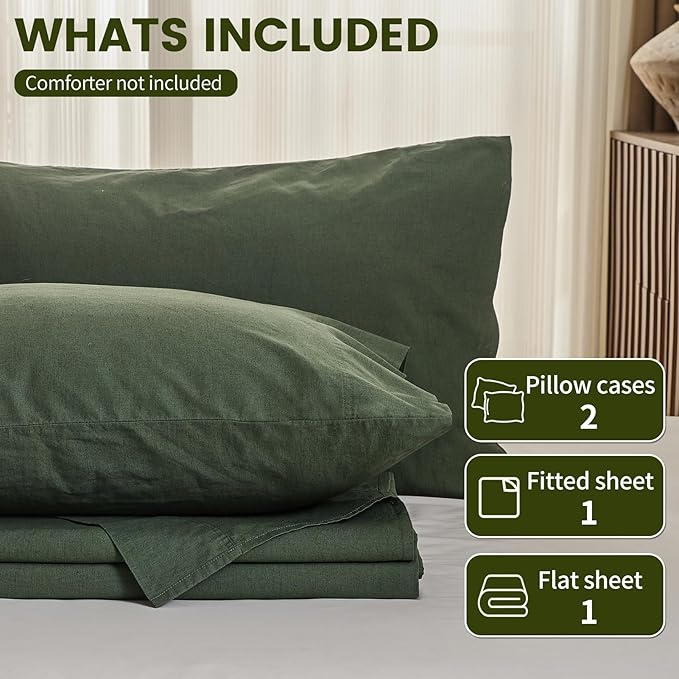 100% Linen Sheets King Size,Breathable & Durable 4-Piece Bed Flax Sheet Set,Soft All-Season Bedding for Hot Sleepers 16" Deep Pocket Oeko-TEX Certified,（King, Forest Green）