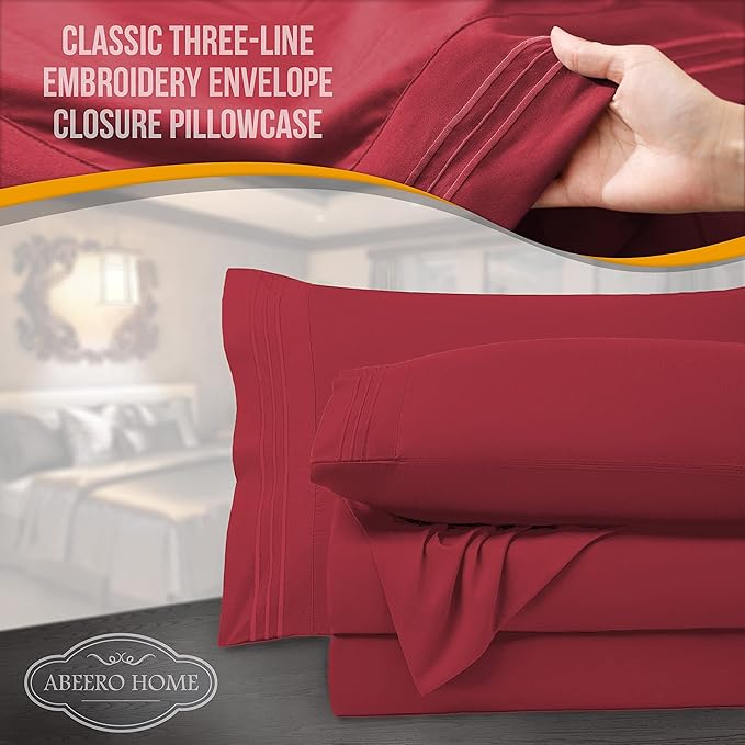 California King Sheet Set - Luxury Hotel Bed Sheets - Soft Cooling Sheet with Elastic Corner Strap - Deep Pocket Microfiber - Bedding Sheets & Pillowcases -4 PC (Cal King Size, Burgundy)