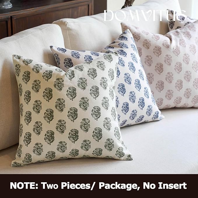 DOMVITUS Set of 2 Floral Pillow Covers 24x24, Block Print Pillow Covers Vintage Neutral Decorative Farmhouse Throw Pillow Covers for Couch Bed Living Room Dusty Green