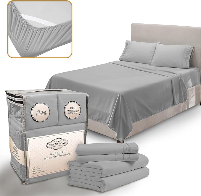 Full Size Bed Sheets Cooling - Luxury Hotel Sheet Set - Soft Sheet with Elastic Corner Strap - Deep Pocket Microfiber Bedsheet - Bedding Sheets & Pillowcases -4 PC (Full Size, Light Gray)