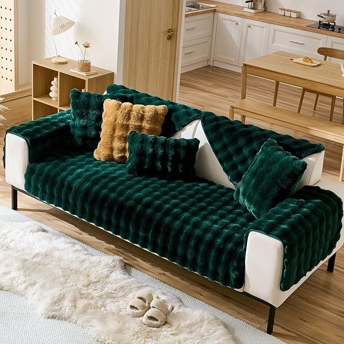 Christmas Faux Fur Couch Cover Fuzzy Soft Plush Thick Bubble Sofa Cover Luxury Sectional Couch Covers Luxury Anti-Slip Sofa Slipcover Washable Furniture Protector (Dark Green,36"x82")