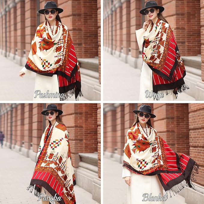 DANA XU 100% Merino Wool Pashmina Shawl for Women 96"x43", Oversized Cashmere Wrap with Tassels, Floral Travel Blanket Cape
