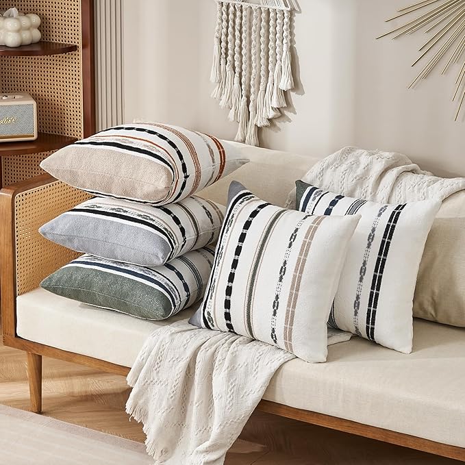 Boho Chenille Throw Pillow Covers 18x18 Inch Square Farmhouse Decorative Pillow Covers Set of 2, Beige Striped White Couch Protectors Soft Pillowcase Covers with Zipper for Sofa Bed