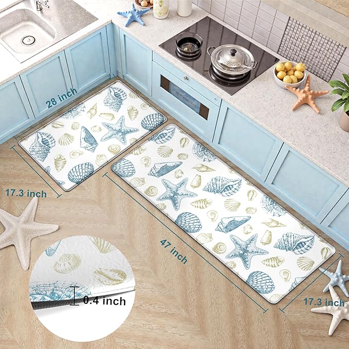 Kitchen Mats for Floor Cushioned Anti Fatigue Sets of 2 Beach Theme Kitchen Rugs Non Slip Waterproof Coastal Foam Kitchen Floor Rug Nautical Seashell Comfort Standing Mat For Sink Laundry, Blue