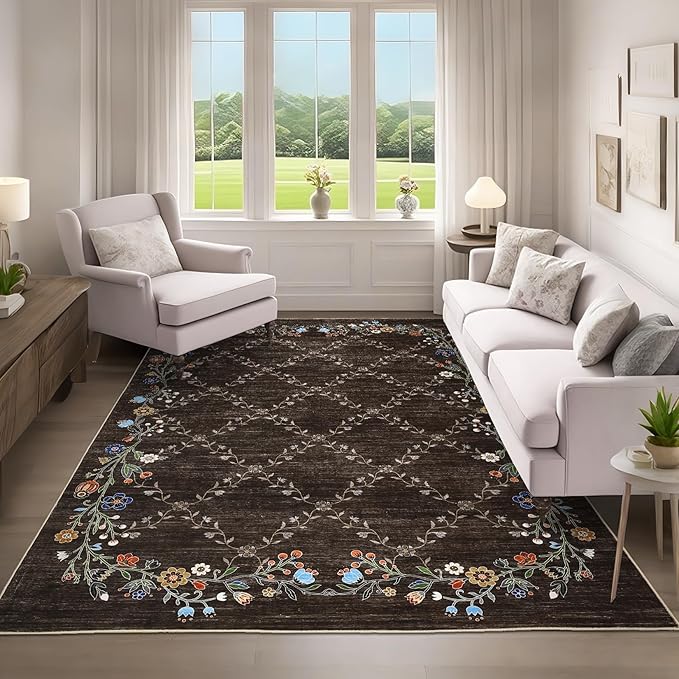 GarveeHome 10x13 Washable Floral Area Rugs for Living Room: Modern Floral Non Slip Large Area Rugs for Bedroom, Large Machine Washable Living Room Low Pile Carpet with Non-Slip Backing Brown 10'x13'.