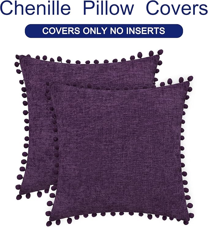 CaliTime Throw Pillow Covers Decorative 22 X 22 Inches Pack of 2 Cozy Solid Dyed Soft Chenille Cushion Cases with Pom Poms for Couch Sofa Bed Living Room Home Plum Purple