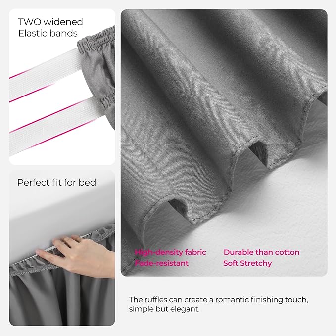 RIMELA Grey Bed Skirt Full Size 18 Inch Drop, Elastic Bed Skirting for Bed Base and Frame, Bedding Dust Ruffle Easy to Install, Lightweight Wrap Around Adjustable Bedskirt