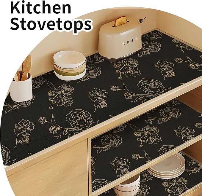 Shelf Liners for Kitchen Cabinets 12in x 30FT Non Adhesive Drawer Liner Black Floral Thickened Shelf Liner Paper Strong Non-Slip Easy to Clean for Tool Box Refrigerator with Knife and Tape Measure