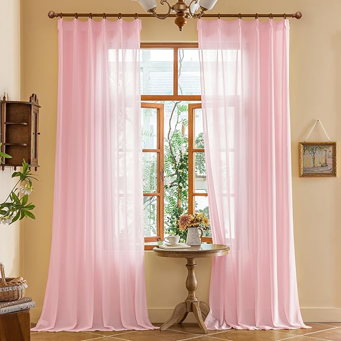 MAIHER Pink Pinch Pleat Sheer Curtains 84 Inches Long for Girls Bedroom Airy & Light Filtering Privacy Pleated Drapes with Ajustable Hooks (No Rings), Pink, 42" W x 84" L, 2 Panels