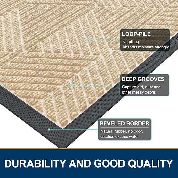 Smiry Half Circle Front Door Mat Outside Entrance, Heavy Duty Sturdy Natural Rubber Doormat, Trap Dirt and Moisture, Low Profile Mats for Indoor Outdoor Entry, Irregular Triangle (36x24, Beige)