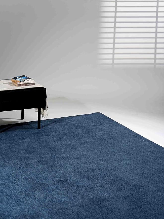 Hand Knotted Loom Wool ECO-Friendly Area Rugs - 4'x6', Rectangle, Blue Color, Solid Plain Design, High Pile Thick Handmade Anti Skid Area Rugs for Living Room, Bed Room (L00111)