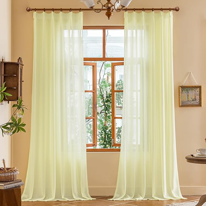 MAIHER Light Yellow Pinch Pleat Curtains 96 Inches Long for Bedroom Soft Touch Sheer Light Filter Pleated Drapes with Ajustable Hooks for Living Room, Pear Sorbet, 42" W x 96" L, 2 Panels