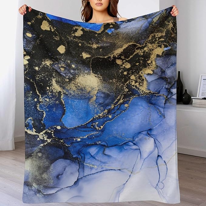 Modern Marble Blanket, Abstract Luxury Baroque Golden Dark Blue Stone Veins Pattern Soft Warm Cozy Plush Flannel Covers for Livingroom Bedroom Couch Chair Camping Travel Home Decor Tapestry 60x80in