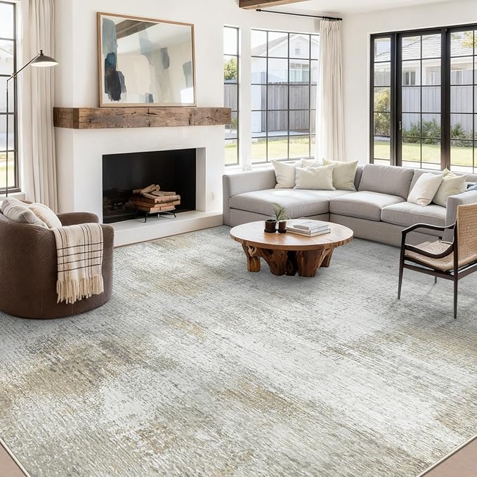9x12 Area Rugs for Living Room: Washable Modern Abstract Rug Large Soft Non-Slip Rugs Indoor Low-Pile Carpet for Bedroom Dining Room Home Office (Beige, 9'x12')