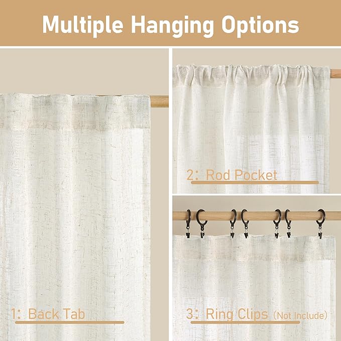 LAMIT Cream Linen Boho Curtains, 78 inch Length, 2 Panels, Light Filtering Semi Sheer, Back Tab and Rod Pocket, Neutral Panels for Bedroom/Living Room, 52 x 78 Inch